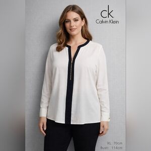 Women's Cream Zip-Front Long Sleeve Blouse with Black Trim Size XL